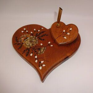 Vintage Wood Wooden Hearts Desk Pen Holder Handpainted Flowers Mums Decorative